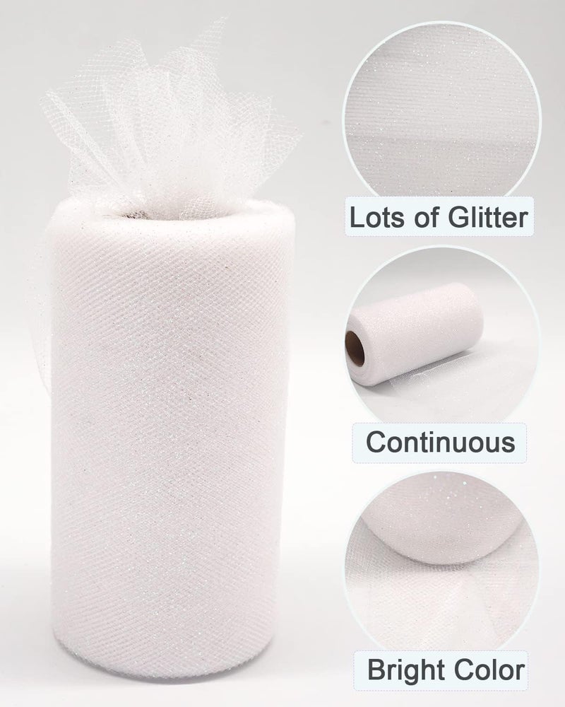 Ableme Deco Glitter Tulle Fabric Rolls, 6 Inch 50 Yards (150ft) Sparkling Spool Ribbon Sequin Netting for Tutu Skirt Gift Wrapping Wedding Party Decoration (White) - Image 2
